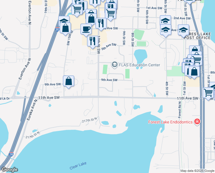 map of restaurants, bars, coffee shops, grocery stores, and more near 908 10th Street Southwest in Forest Lake