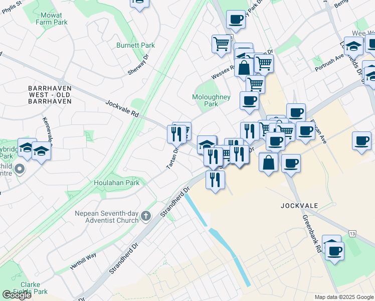 map of restaurants, bars, coffee shops, grocery stores, and more near 6 Bentbrook Crescent in Ottawa