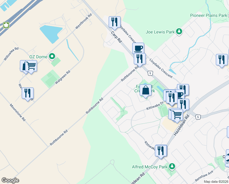 map of restaurants, bars, coffee shops, grocery stores, and more near 76 Sirocco Crescent in Ottawa