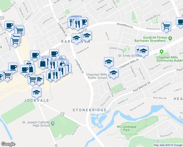 map of restaurants, bars, coffee shops, grocery stores, and more near 132 Mancini Way in Ottawa