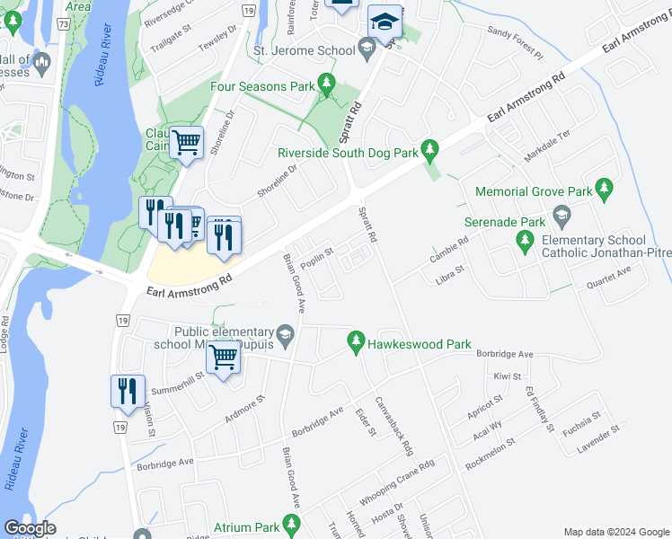 map of restaurants, bars, coffee shops, grocery stores, and more near 108 Nutting Crescent in Ottawa