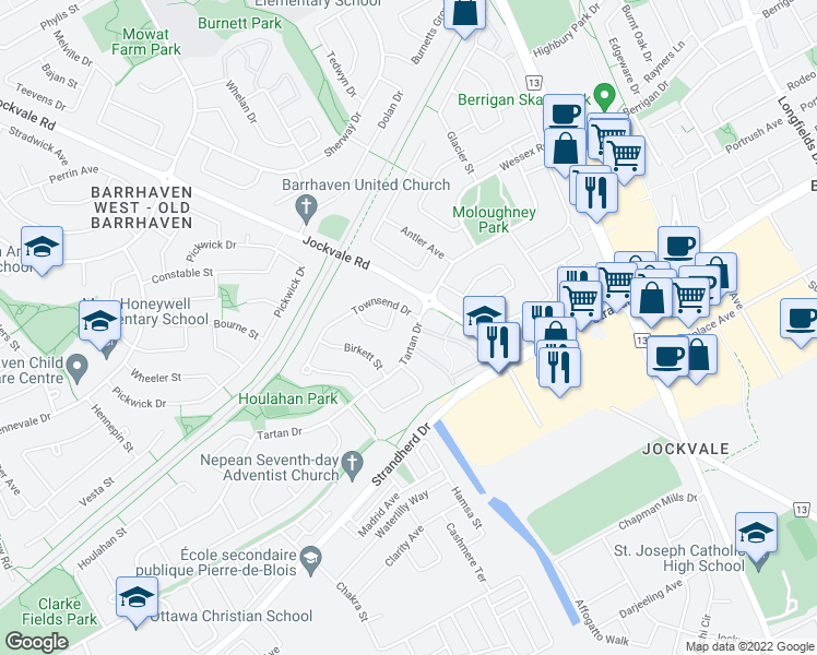 map of restaurants, bars, coffee shops, grocery stores, and more near 6 Tartan Drive in Ottawa