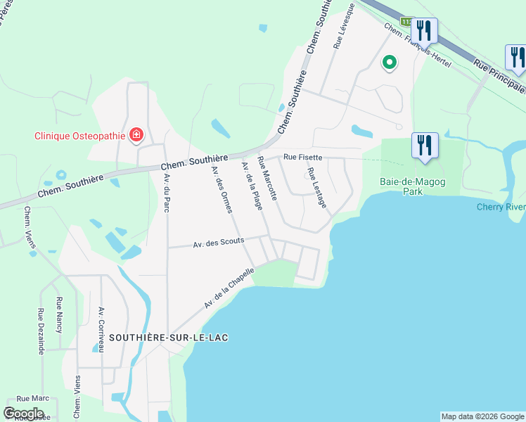 map of restaurants, bars, coffee shops, grocery stores, and more near 71 Avenue de la Plage in Magog