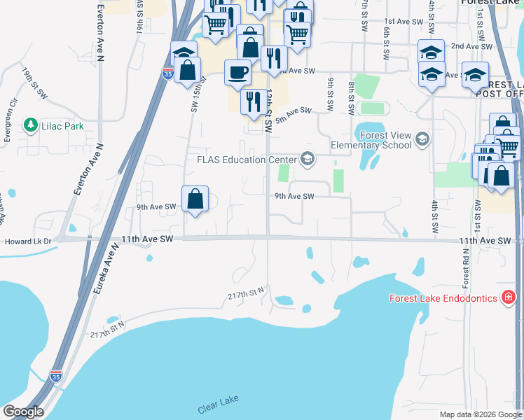 map of restaurants, bars, coffee shops, grocery stores, and more near 903 12th Street Southwest in Forest Lake