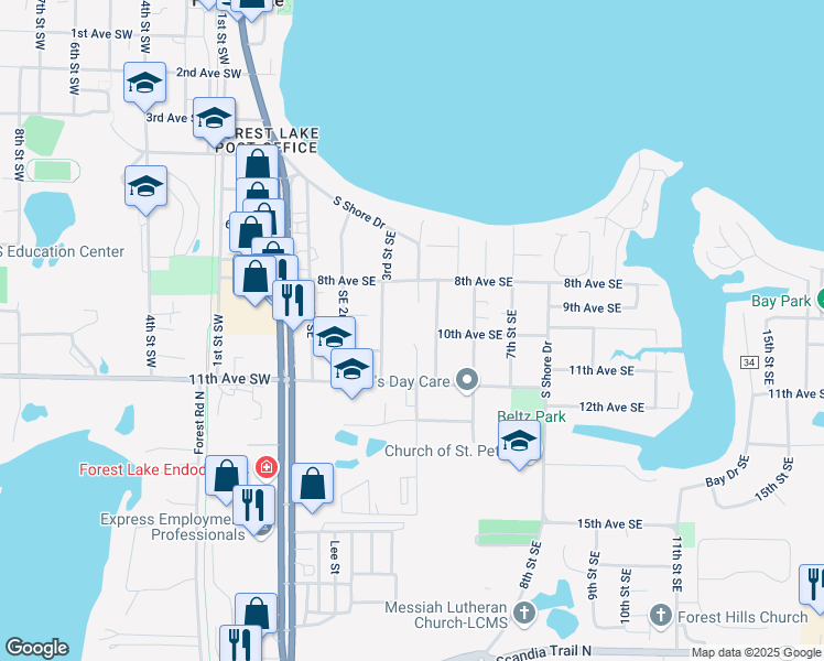 map of restaurants, bars, coffee shops, grocery stores, and more near 891 3rd Street Southeast in Forest Lake