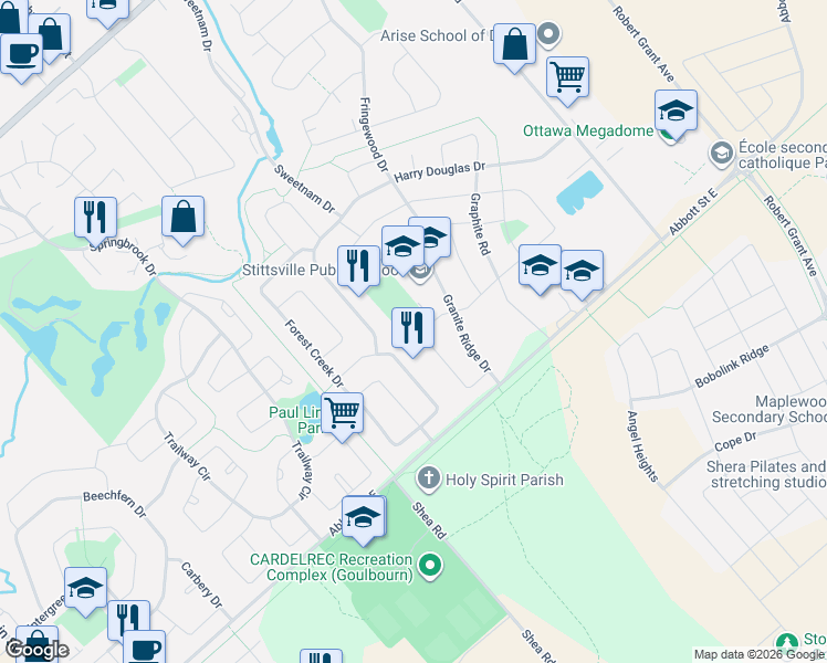 map of restaurants, bars, coffee shops, grocery stores, and more near 32 Feldspar Crescent in Ottawa