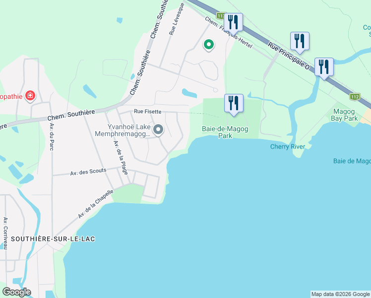 map of restaurants, bars, coffee shops, grocery stores, and more near 2113 Rue Pierre Hamel in Magog