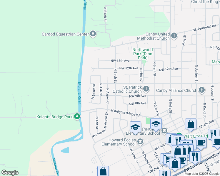 map of restaurants, bars, coffee shops, grocery stores, and more near 960 North Aspen Court in Canby
