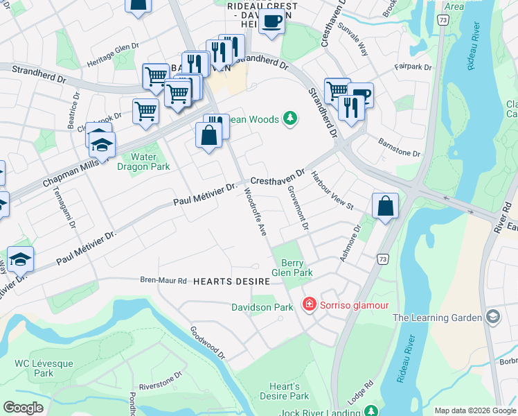 map of restaurants, bars, coffee shops, grocery stores, and more near in Ottawa