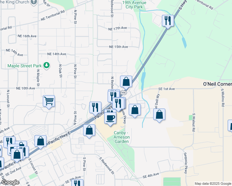 map of restaurants, bars, coffee shops, grocery stores, and more near 1535 Northeast 10th Place in Canby