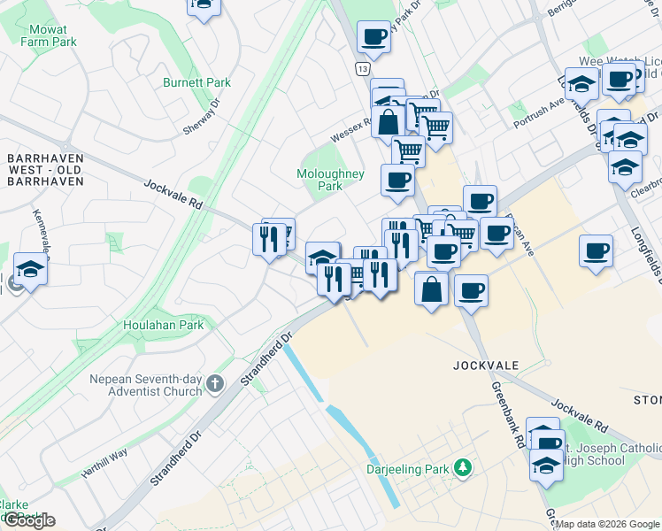 map of restaurants, bars, coffee shops, grocery stores, and more near 38 Chester Crescent in Ottawa