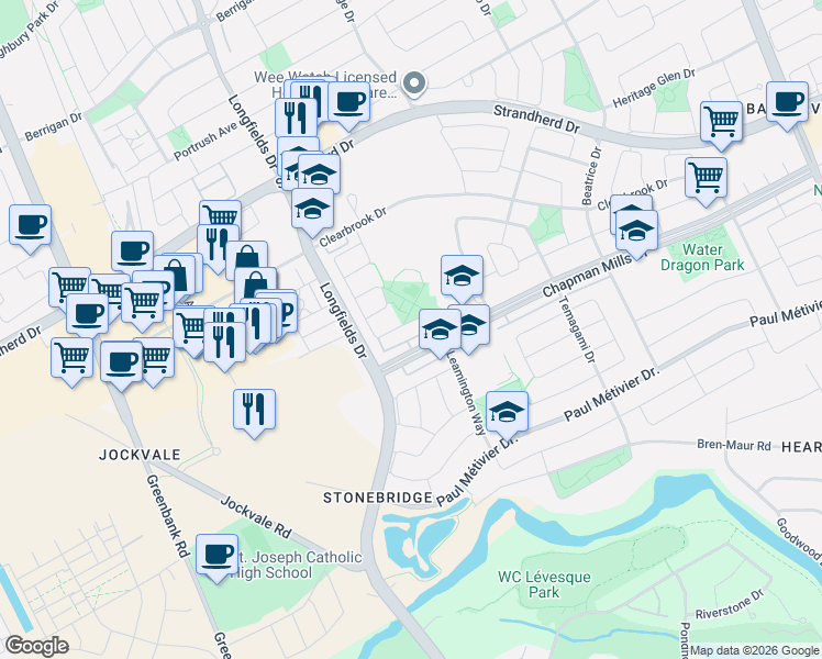 map of restaurants, bars, coffee shops, grocery stores, and more near 119 Mancini Way in Ottawa