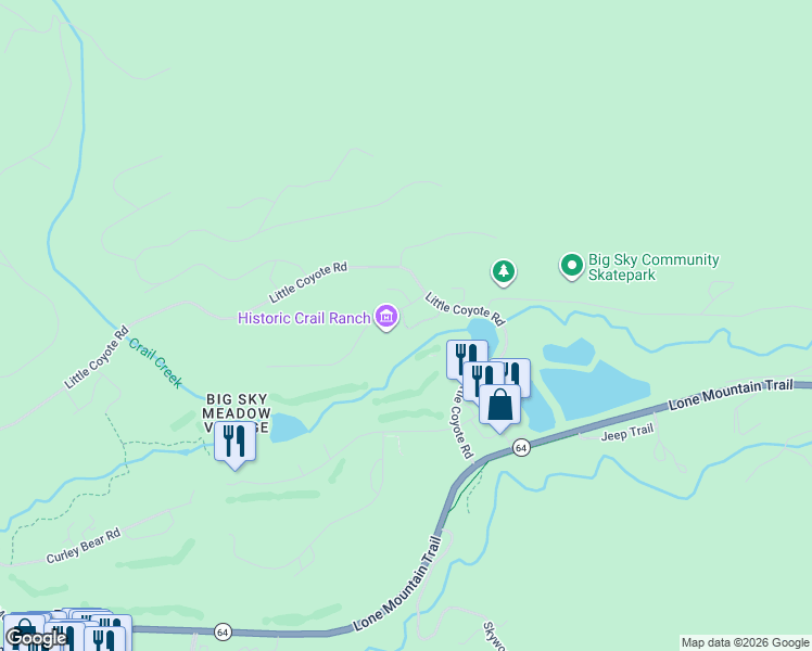 map of restaurants, bars, coffee shops, grocery stores, and more near 50 Crail Ranch Drive in Big Sky