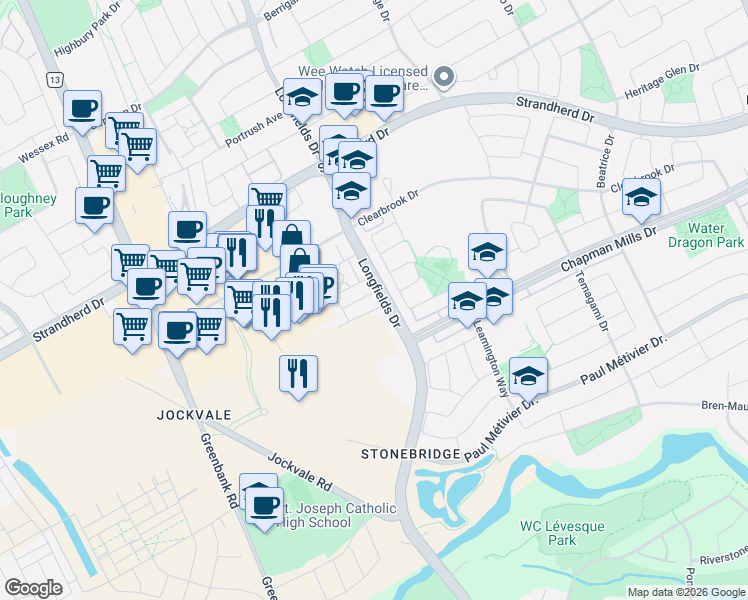 map of restaurants, bars, coffee shops, grocery stores, and more near 200 Glenroy Gilbert Drive in Ottawa
