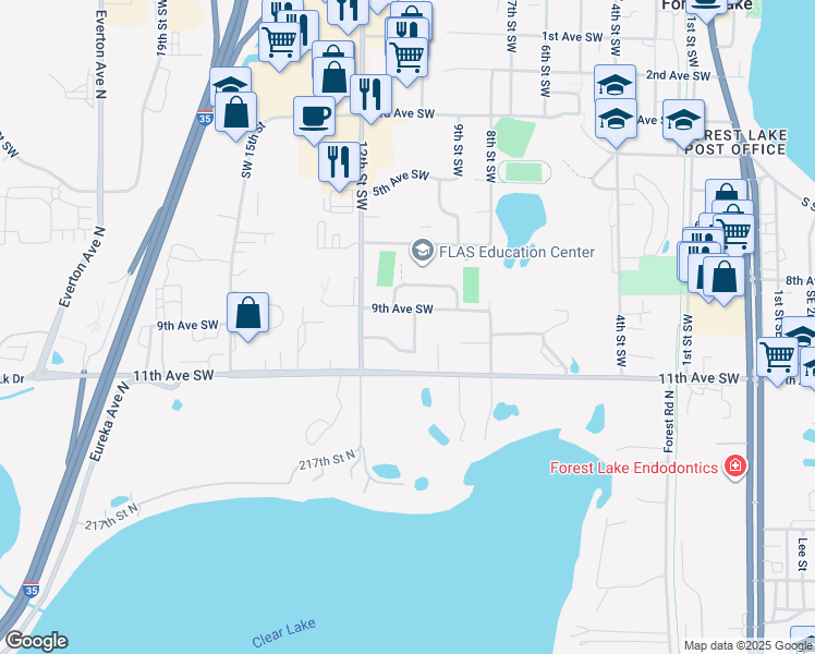 map of restaurants, bars, coffee shops, grocery stores, and more near 908 10th Street Southwest in Forest Lake