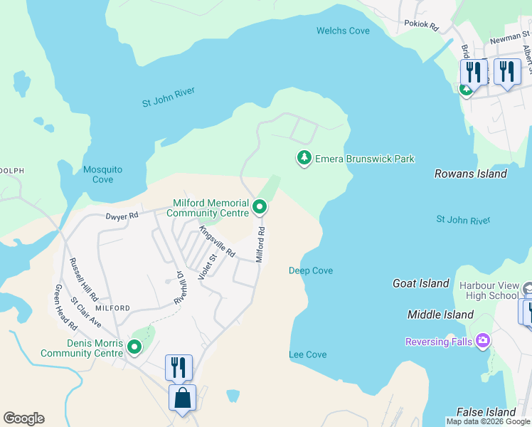 map of restaurants, bars, coffee shops, grocery stores, and more near 233 Milford Road in Saint John