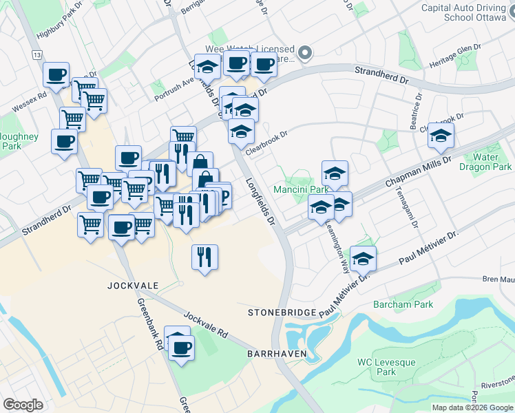 map of restaurants, bars, coffee shops, grocery stores, and more near 200 Glenroy Gilbert Drive in Ottawa