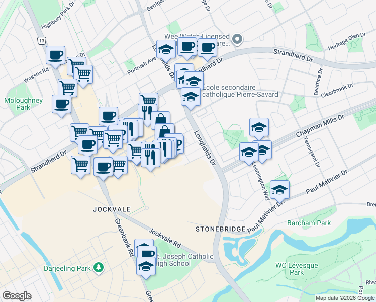 map of restaurants, bars, coffee shops, grocery stores, and more near 399 Bayrose Drive in Ottawa