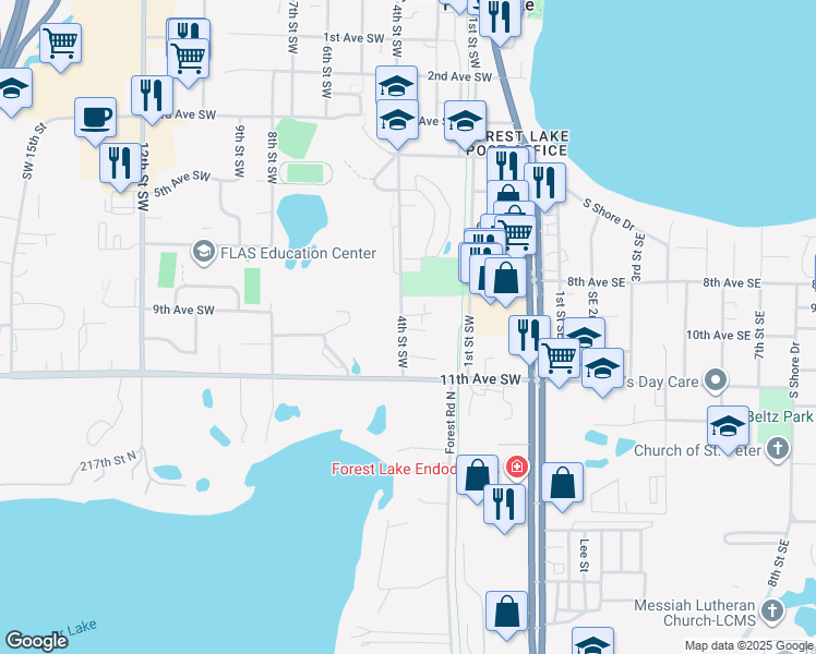 map of restaurants, bars, coffee shops, grocery stores, and more near 879 4th Street Southwest in Forest Lake