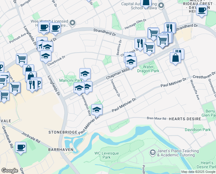 map of restaurants, bars, coffee shops, grocery stores, and more near 415 Temiskaming Crescent in Ottawa