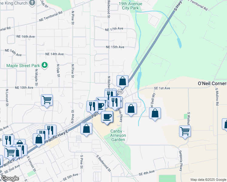 map of restaurants, bars, coffee shops, grocery stores, and more near 1535 Northeast 10th Place in Canby