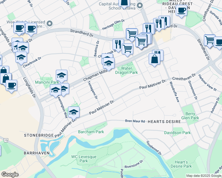map of restaurants, bars, coffee shops, grocery stores, and more near 50 Dragon Park Drive in Ottawa