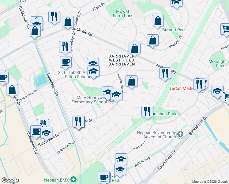map of restaurants, bars, coffee shops, grocery stores, and more near 43 Hummingbird Crescent in Ottawa