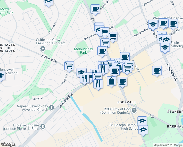 map of restaurants, bars, coffee shops, grocery stores, and more near 5 Fulham Court in Ottawa