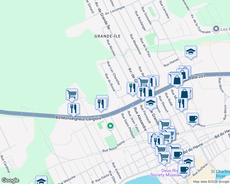map of restaurants, bars, coffee shops, grocery stores, and more near 620 Rue du Boisé in Salaberry-de-Valleyfield