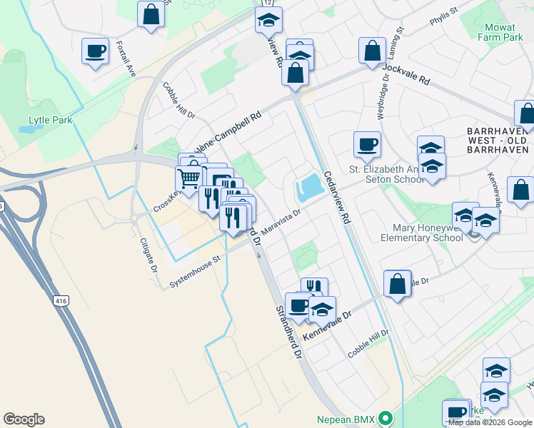 map of restaurants, bars, coffee shops, grocery stores, and more near 111 Popplewell Crescent in Ottawa