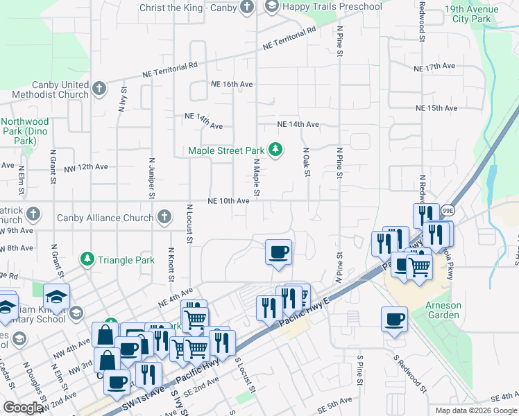 map of restaurants, bars, coffee shops, grocery stores, and more near 713 Northeast 10th Avenue in Canby