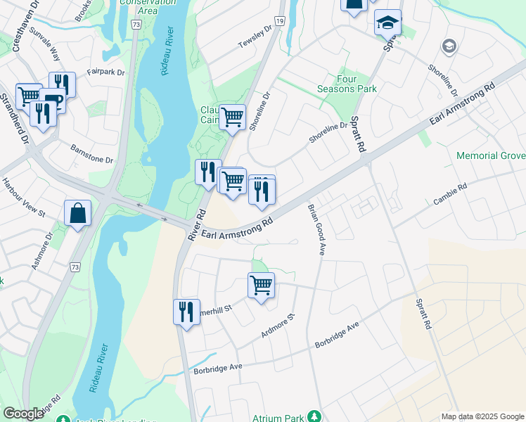 map of restaurants, bars, coffee shops, grocery stores, and more near 665 Earl Armstrong Road in Ottawa