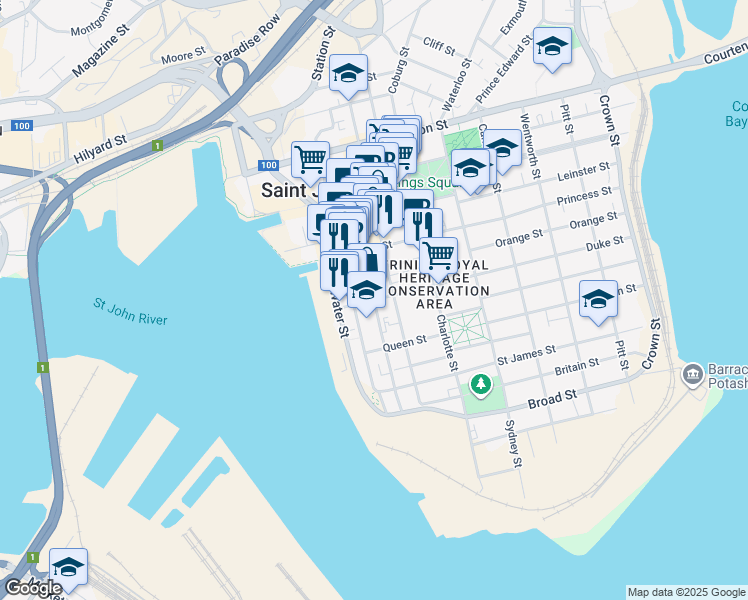 map of restaurants, bars, coffee shops, grocery stores, and more near Canterbury Street in Saint John