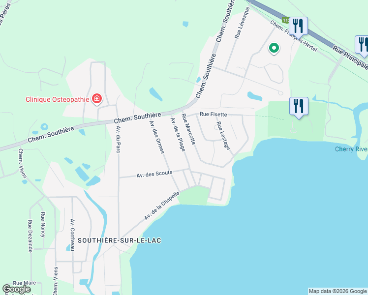 map of restaurants, bars, coffee shops, grocery stores, and more near 59 Avenue de la Plage in Magog