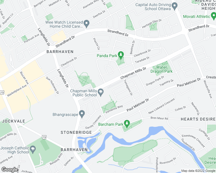 map of restaurants, bars, coffee shops, grocery stores, and more near 670 Chapman Mills Drive in Ottawa