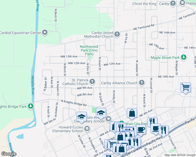 map of restaurants, bars, coffee shops, grocery stores, and more near 415 NW 10th Ave in Canby