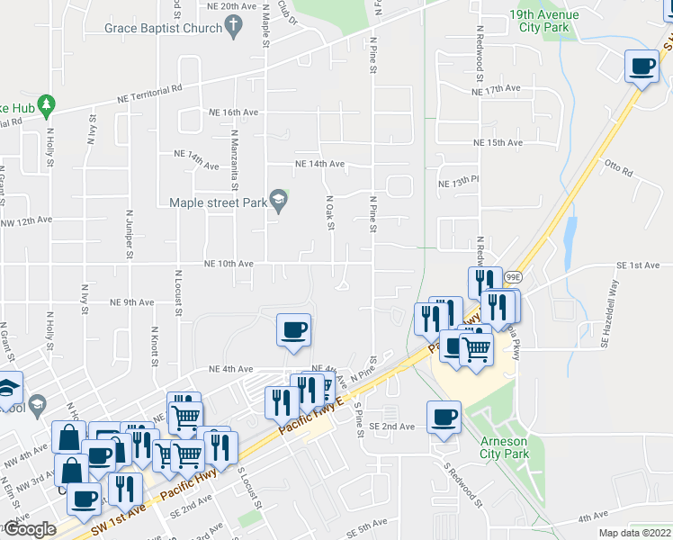 map of restaurants, bars, coffee shops, grocery stores, and more near 935 Northeast 10th Avenue in Canby