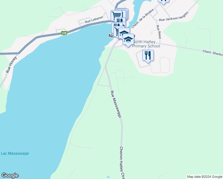 map of restaurants, bars, coffee shops, grocery stores, and more near 977 Chemin Massawippi in North Hatley