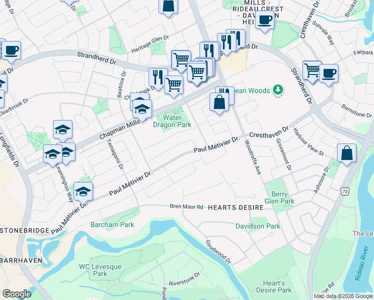map of restaurants, bars, coffee shops, grocery stores, and more near 520 Paul Métivier Drive in Ottawa