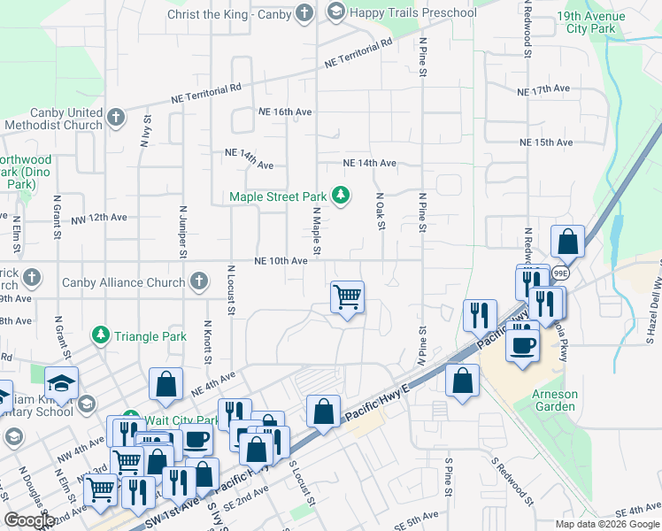 map of restaurants, bars, coffee shops, grocery stores, and more near 713 Northeast 10th Avenue in Canby