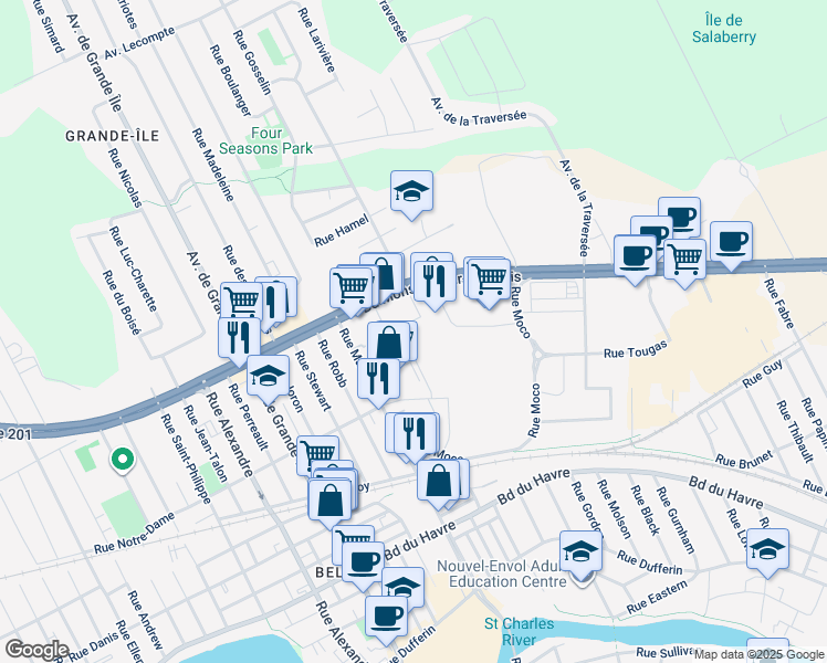 map of restaurants, bars, coffee shops, grocery stores, and more near 1430 Boulevard Monseigneur-Langlois in Salaberry-de-Valleyfield