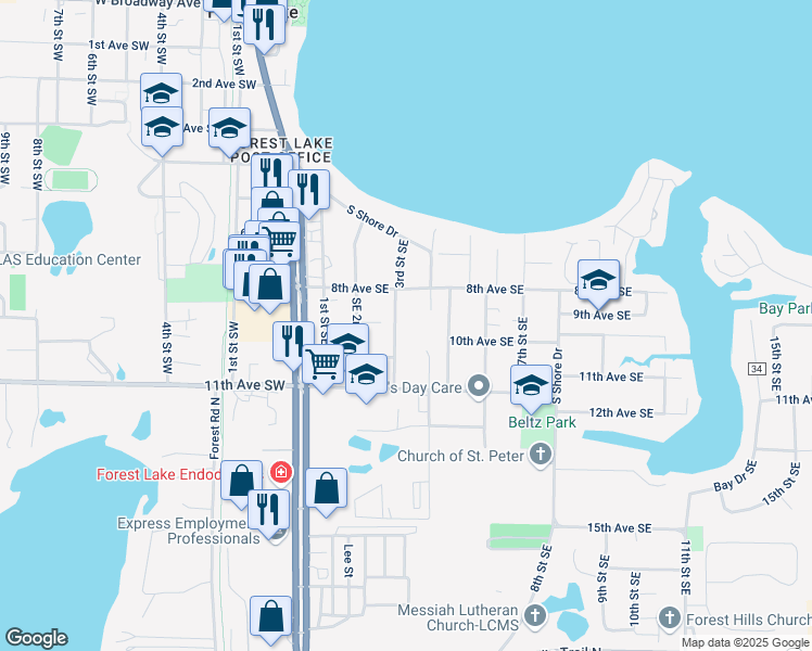 map of restaurants, bars, coffee shops, grocery stores, and more near 891 3rd Street Southeast in Forest Lake