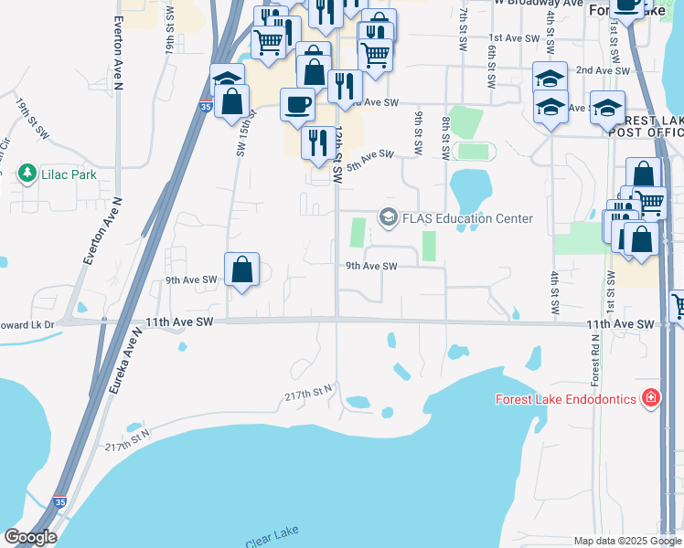 map of restaurants, bars, coffee shops, grocery stores, and more near 903 12th Street Southwest in Forest Lake