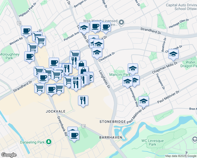 map of restaurants, bars, coffee shops, grocery stores, and more near 351 Bayrose Drive in Ottawa