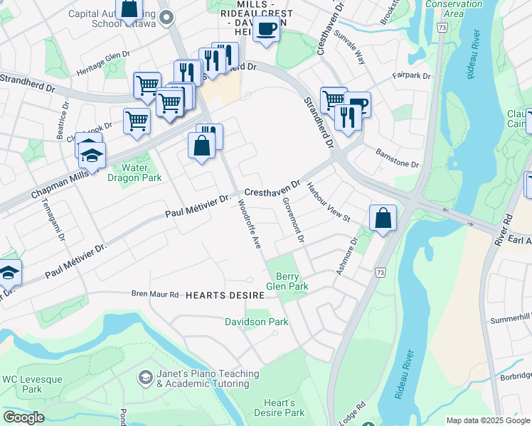 map of restaurants, bars, coffee shops, grocery stores, and more near 122 Shady Grove Street in Ottawa