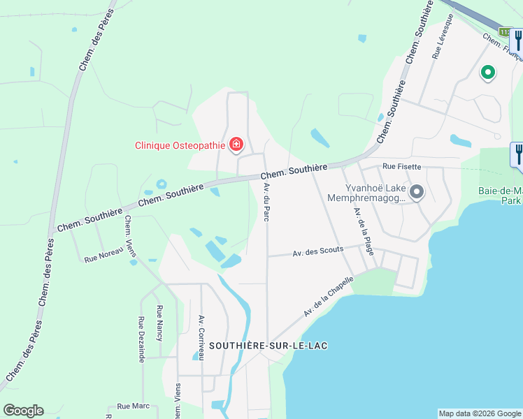 map of restaurants, bars, coffee shops, grocery stores, and more near 34 Avenue du Parc in Magog