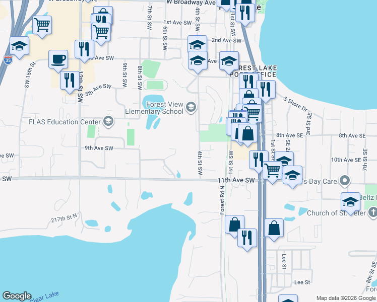 map of restaurants, bars, coffee shops, grocery stores, and more near 856 4th Street Southwest in Forest Lake