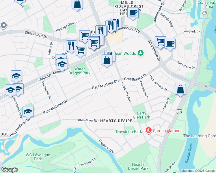 map of restaurants, bars, coffee shops, grocery stores, and more near 465 Paul Métivier Drive in Ottawa