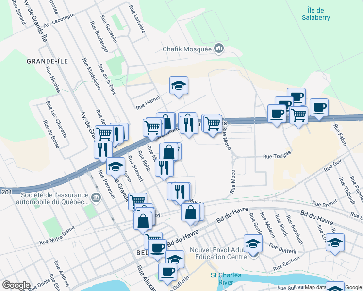 map of restaurants, bars, coffee shops, grocery stores, and more near 1430 Boulevard Monseigneur-Langlois in Salaberry-de-Valleyfield