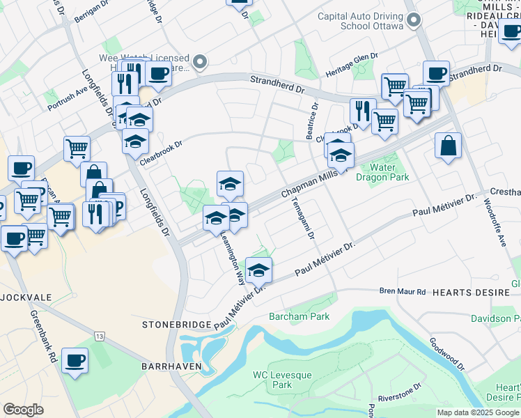 map of restaurants, bars, coffee shops, grocery stores, and more near 656 Chapman Mills Drive in Ottawa